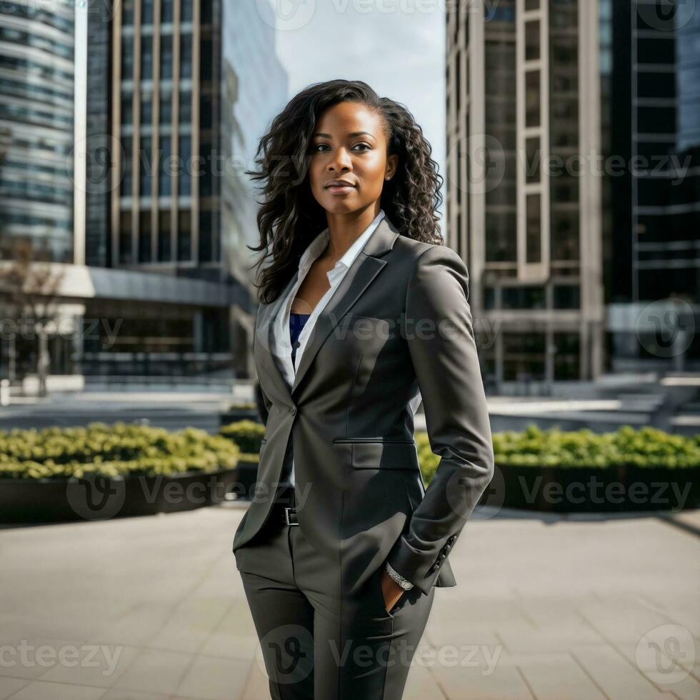 photo of smart african woman with black business suit at big modern city, generative AI
