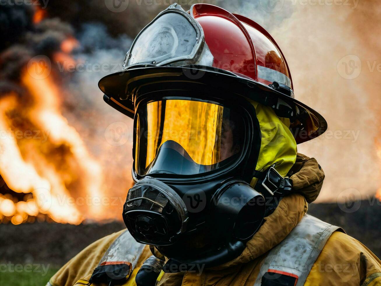 photo of firefighter with big fire cloud and smoke in background, generative AI