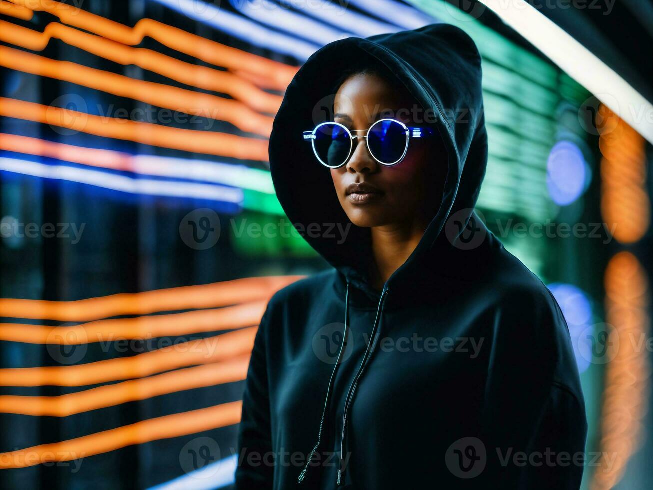 photo of black woman in black hoodie in server data center room with neon light, generative AI