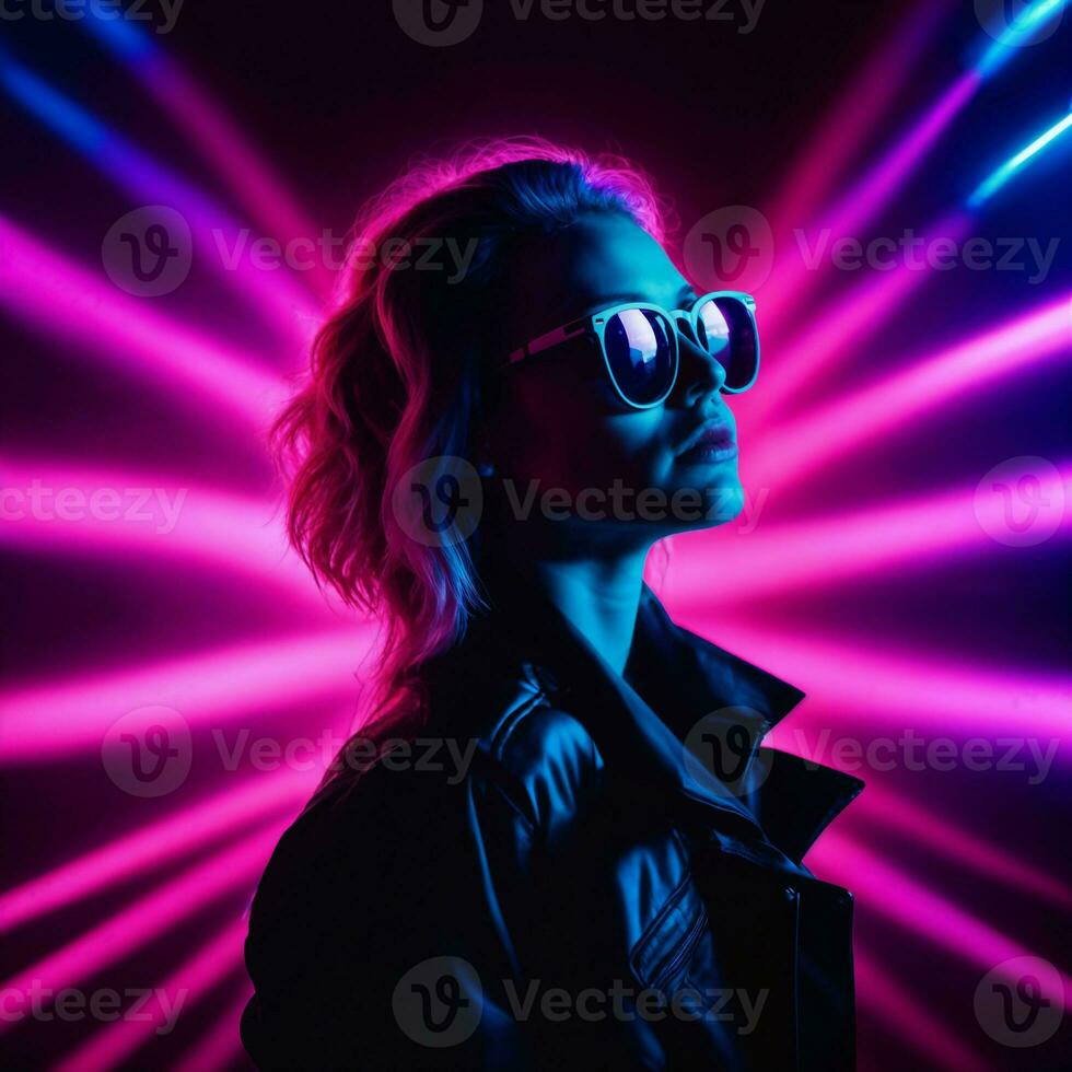 photo of beautiful woman with with mixed pink and blue neon light, generative AI