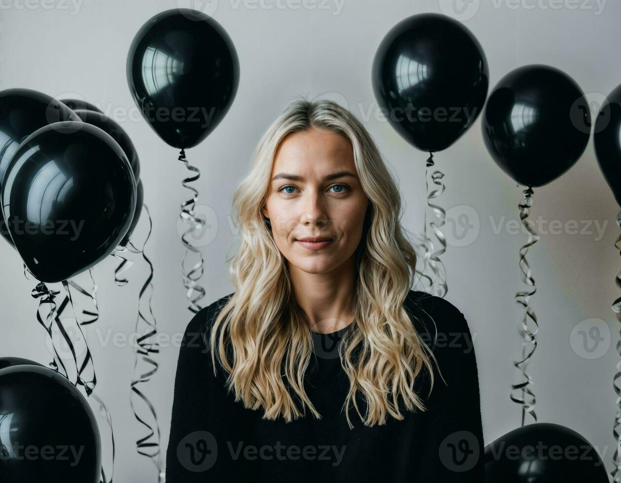photo of beautiful european woman with blonde hair color in black and white balloons in background, generative AI