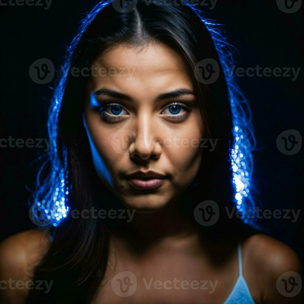 foto de hermosa mujer con azul ligero en negro fondo, generativo ai