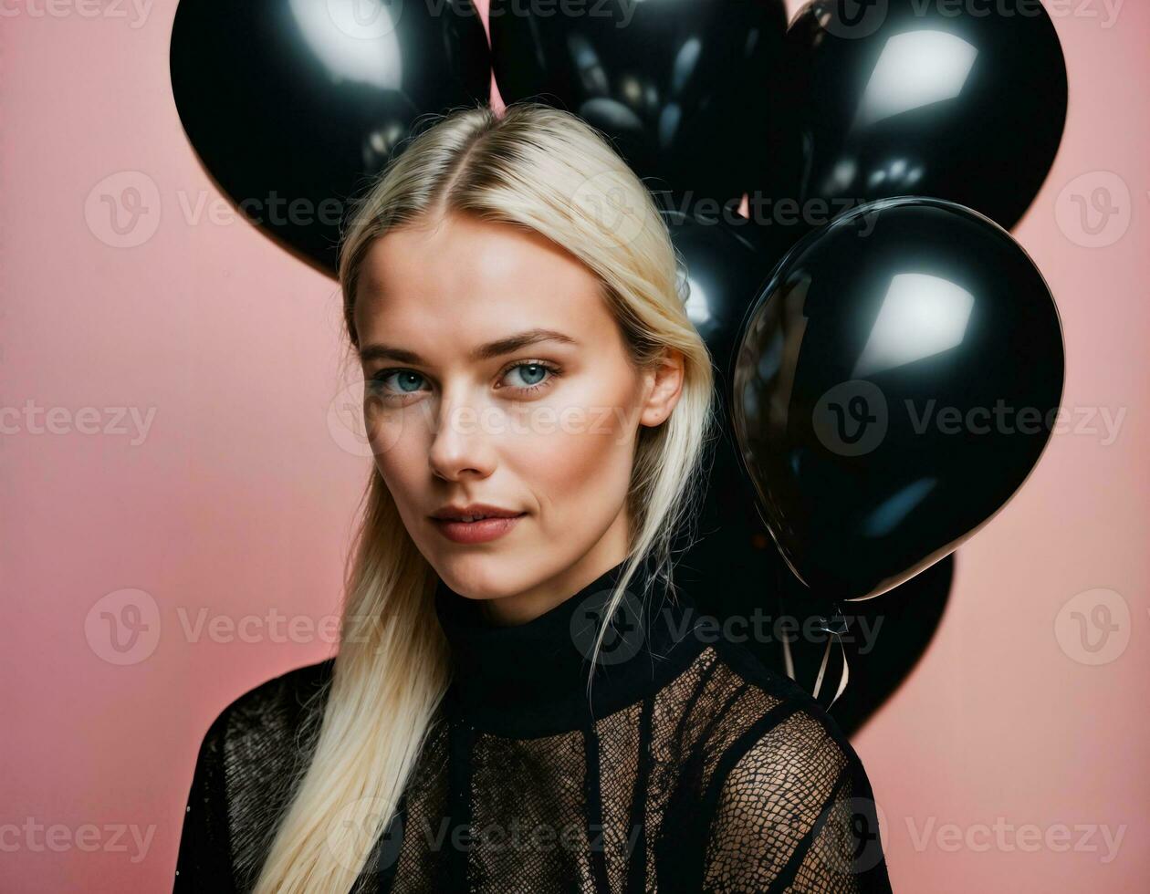 photo of beautiful european woman with blonde hair color in black and white balloons in background, generative AI