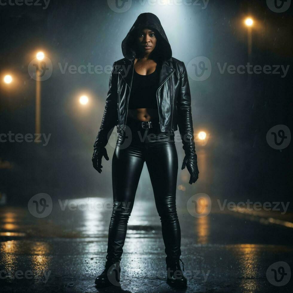 photo of strong african woman with black leather suit in heavy rain night, generative AI