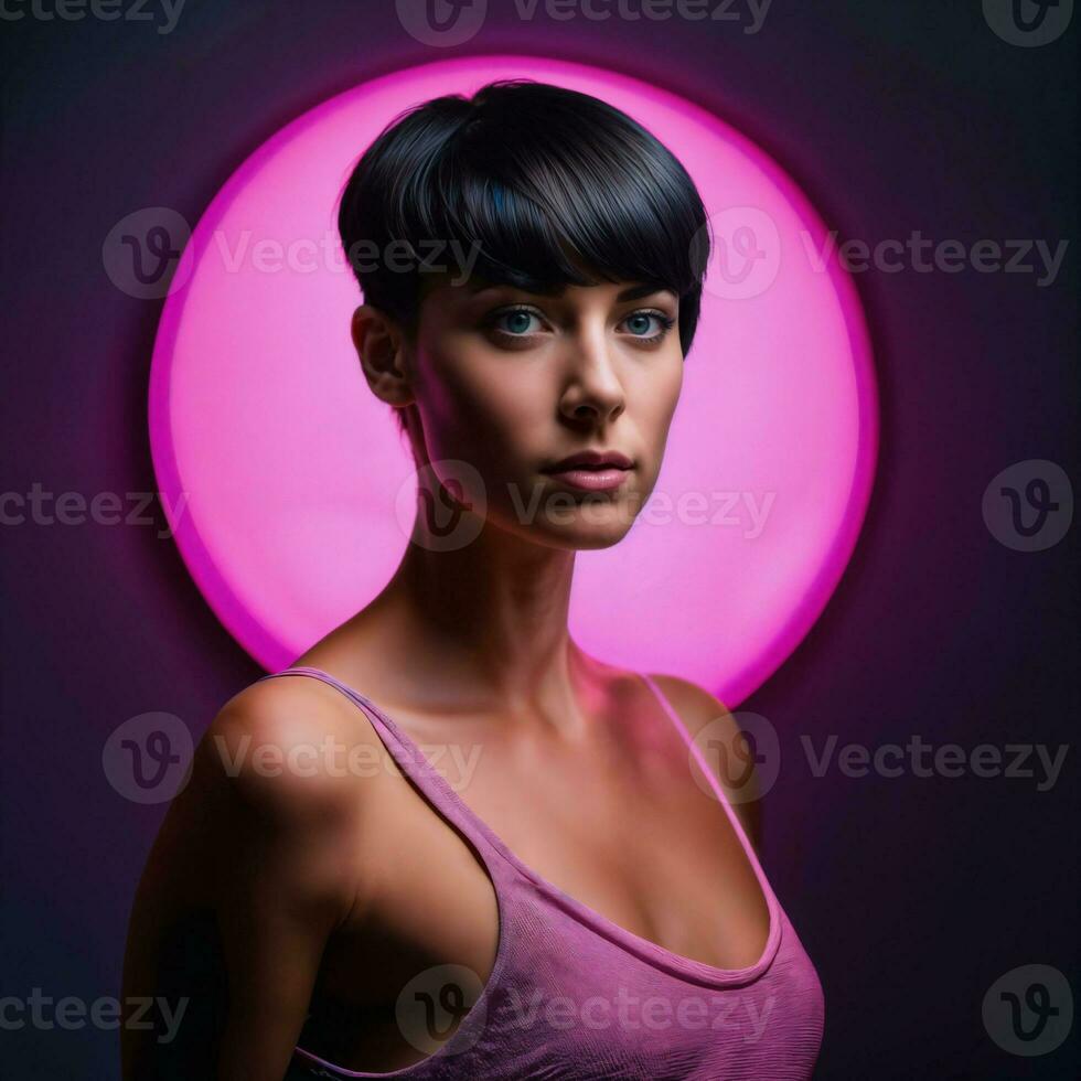 photo of beautiful woman with short hair and mixed pink neon light, generative AI