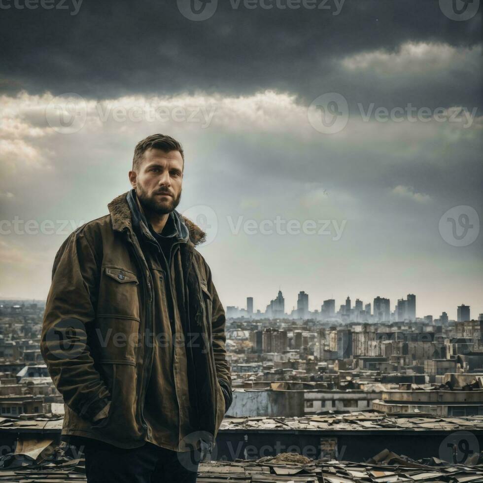 survivor people at rooftop with damage city in background, generative AI photo
