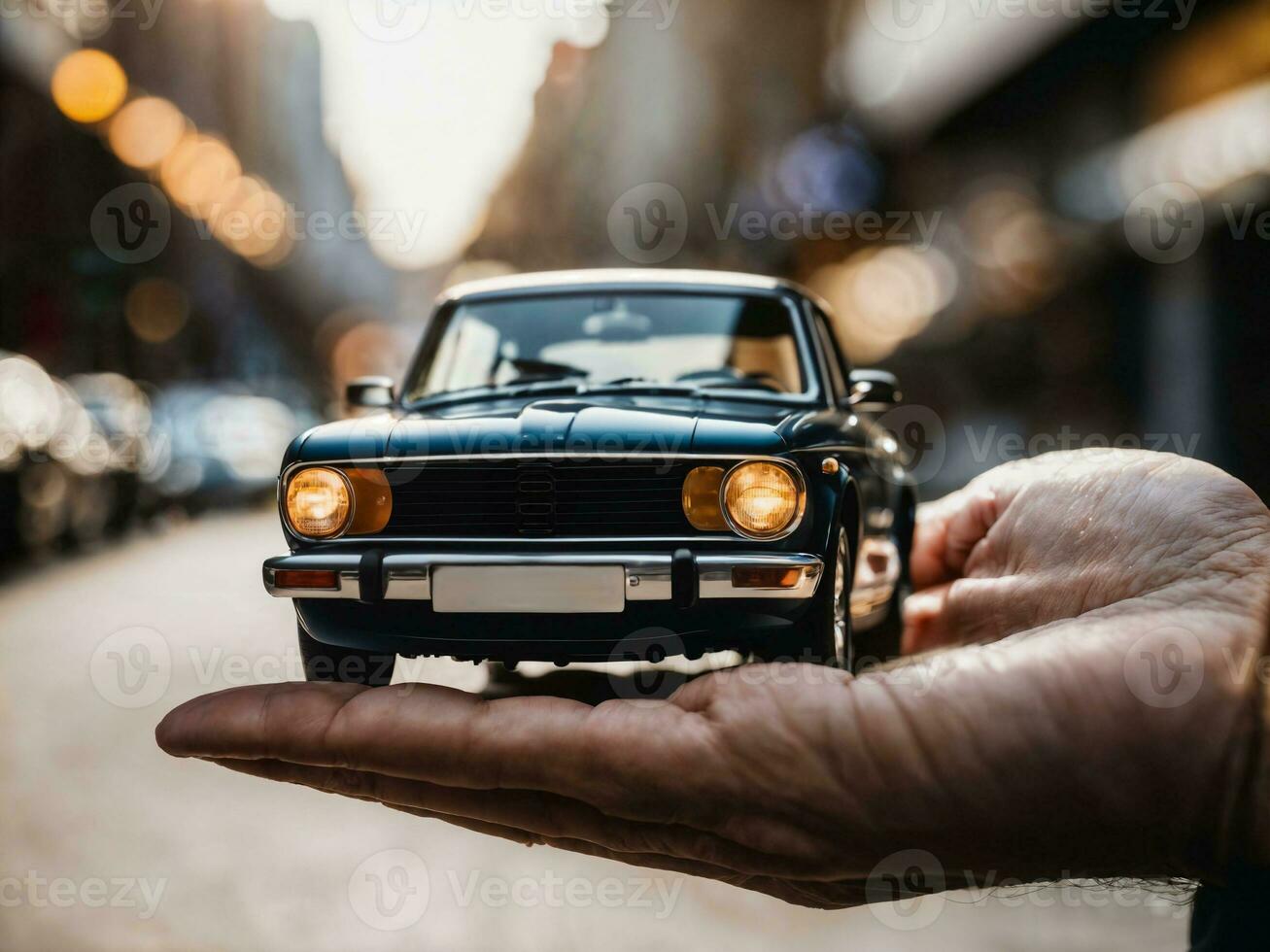 photo of close up hand holding mini car, generative AI