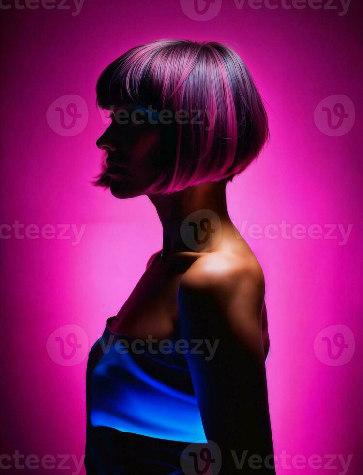 photo of beautiful woman with short hair and mixed pink neon light, generative AI