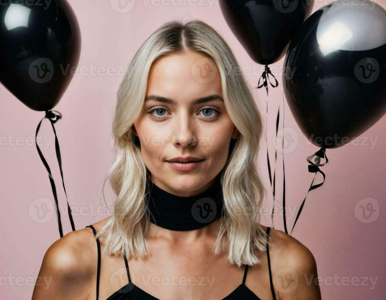 foto de hermosa europeo mujer con rubia pelo color en negro y blanco globos en fondo, generativo ai