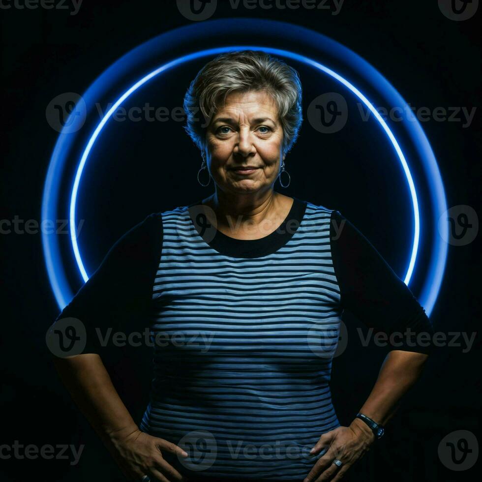 photo of middle aged old woman with blue light on black background, generative AI