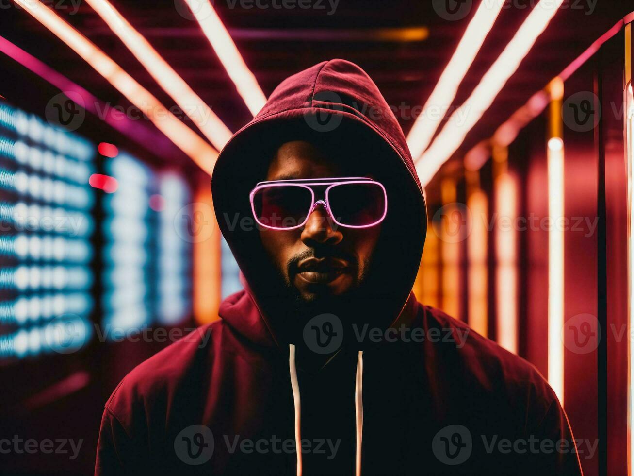 photo of black man in black hoodie in server data center room with neon light, generative AI