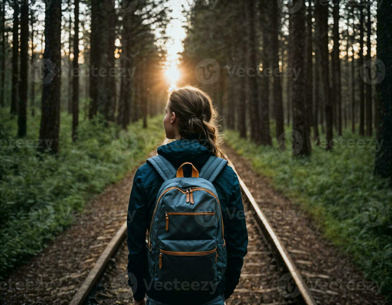 foto grupo de Adolescente como un mochilero en el oscuro madera, generativo ai