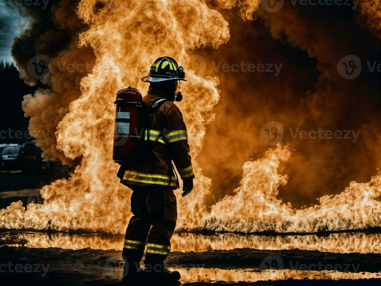 photo of firefighter with big fire cloud and smoke in background, generative AI
