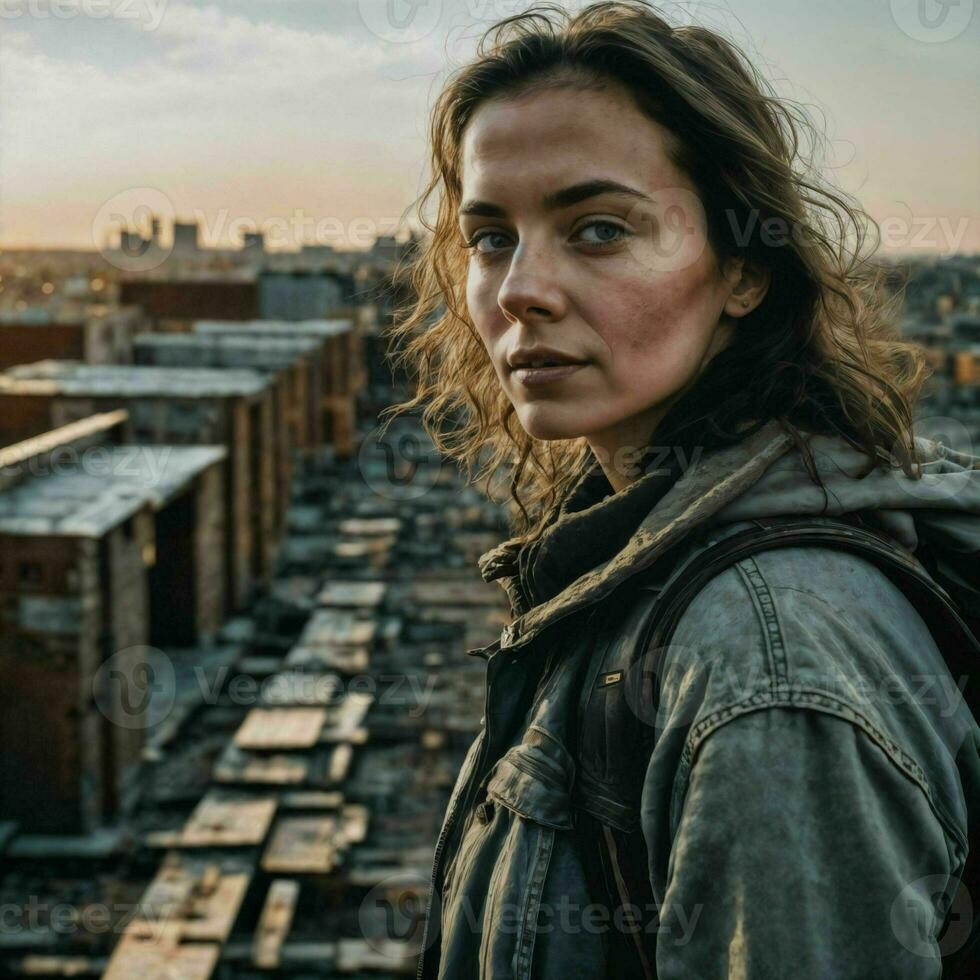 survivor people at rooftop with damage city in background, generative AI photo