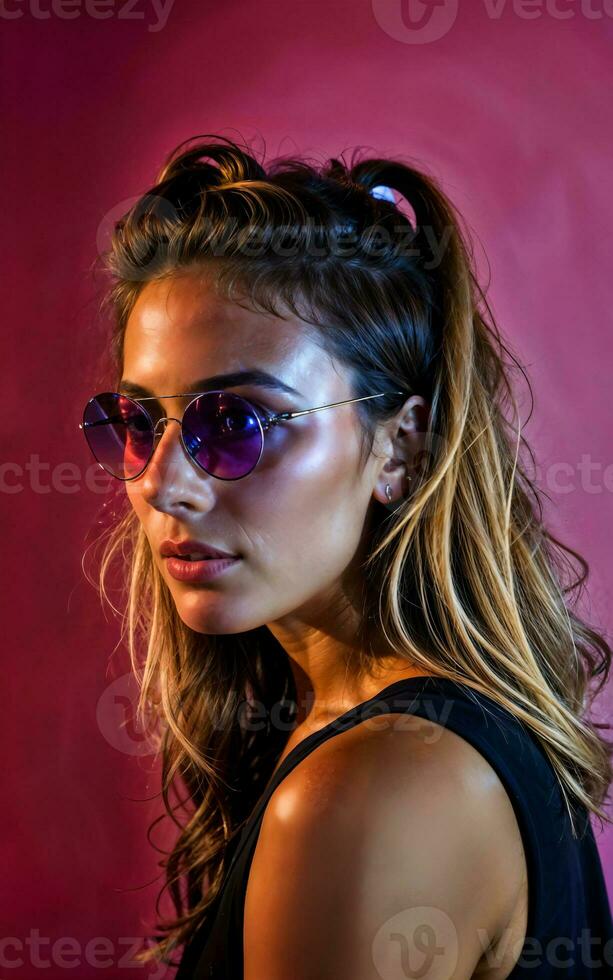 foto de hermosa mujer con rojo y rosado Encendiendo y fondo , generativo ai