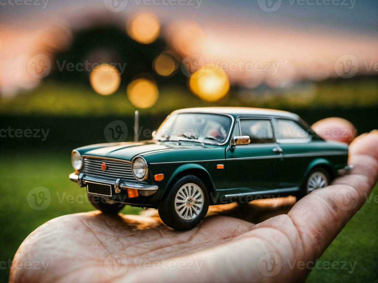 photo of close up hand holding mini car, generative AI