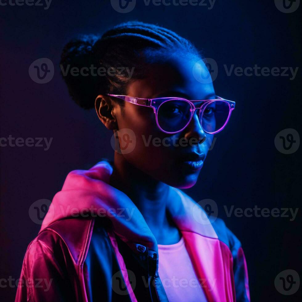 photo of beautiful african woman with with mixed pink and blue neon light, generative AI