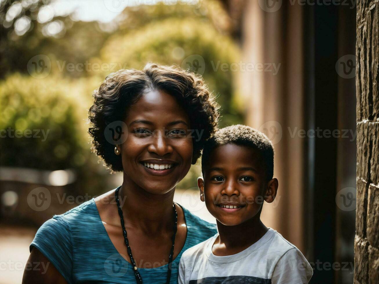 photo of happy family black mother and son, generative AI