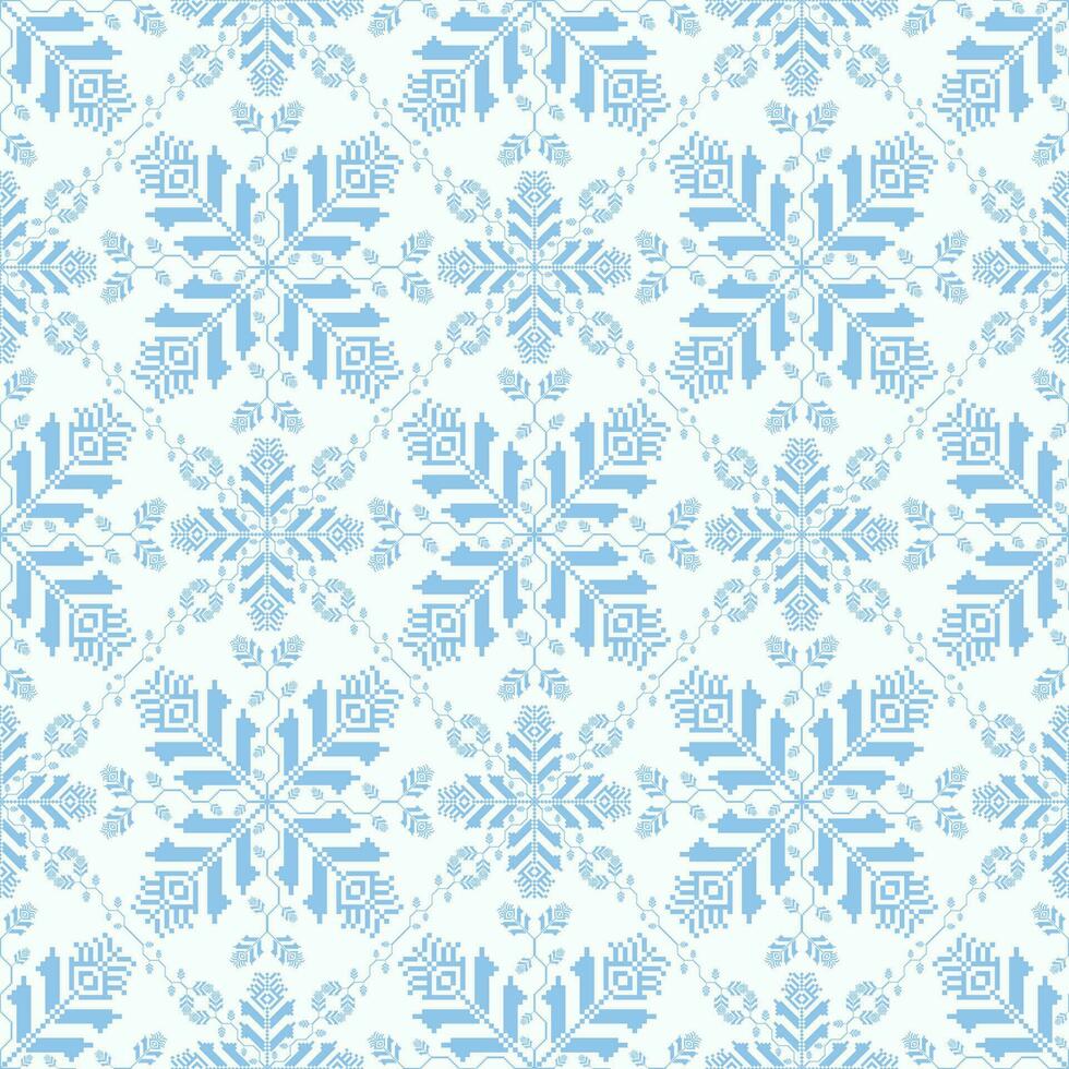 Blue-white colorful geometric floral pattern. Geometric floral seamless pattern pixel art style. Floral stitch pattern use for fabric, textile, wallpaper, cushion, carpet, upholstery, wrapping. vector
