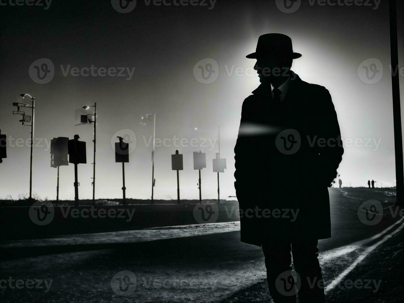 photo of serious detective man in crime scene, generative AI