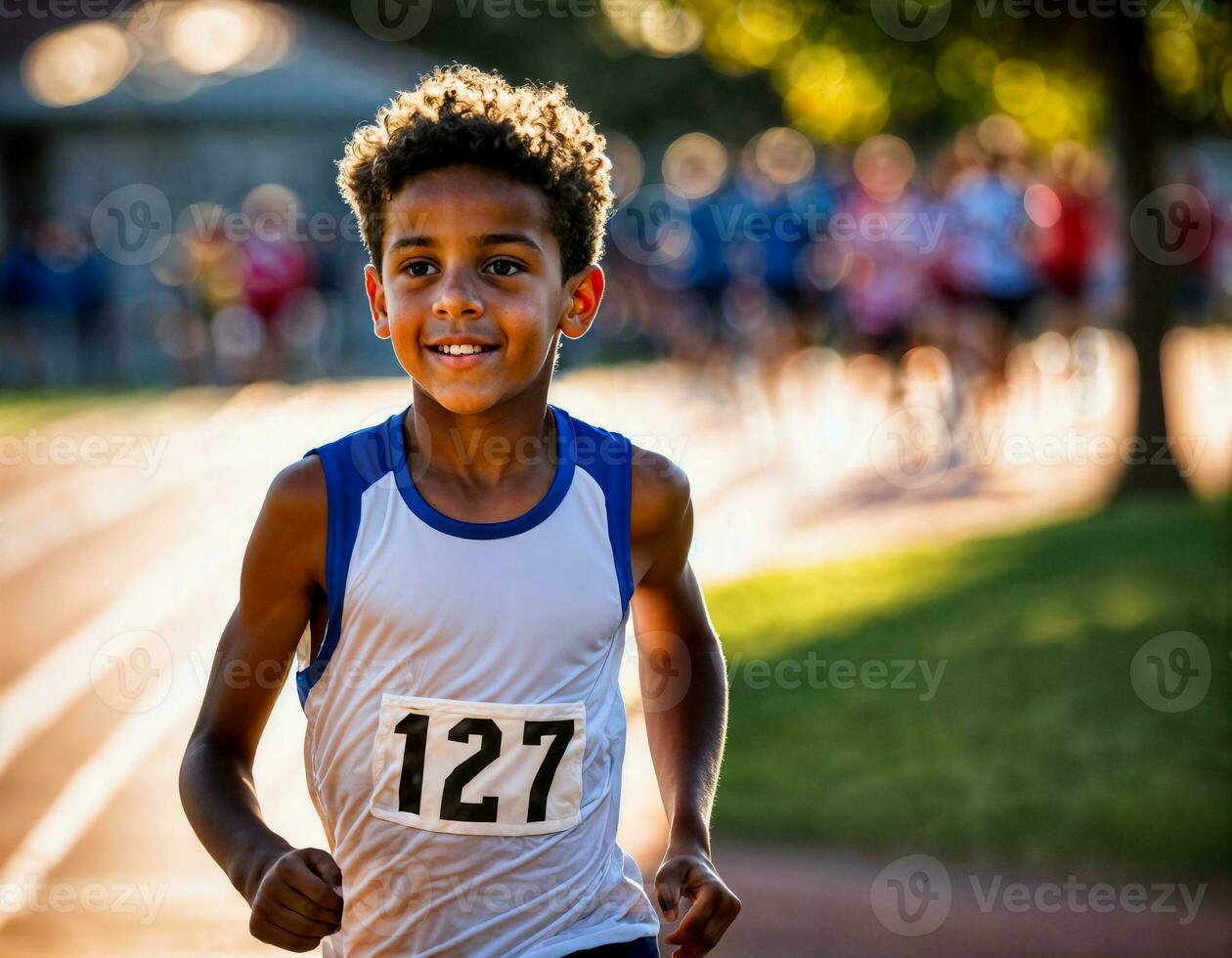 foto de chico niños corriendo carrera deporte a escuela, generativo ai