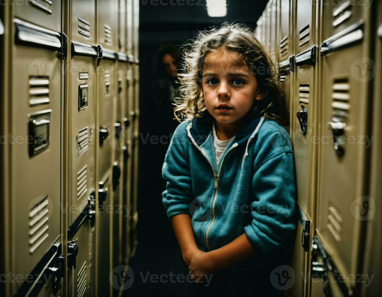photo of scary girl kid in locker room, generative AI
