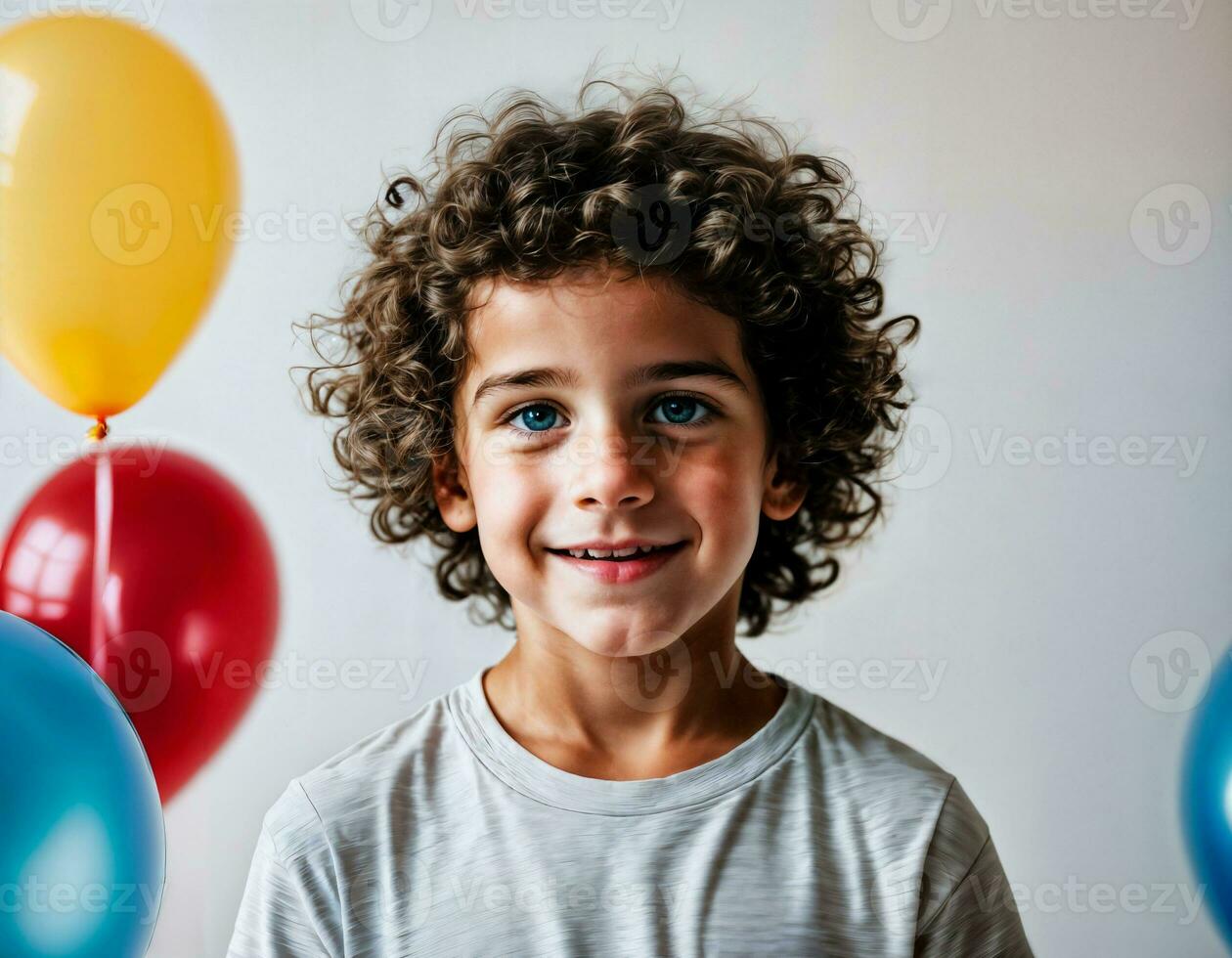 photo photoshoot of kid with balloons on white background, generative AI