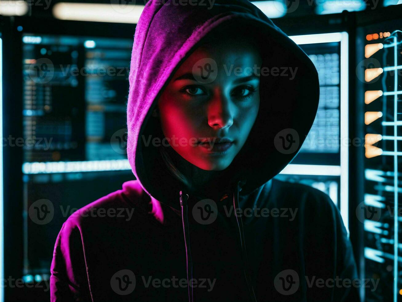 photo of woman in black hoodie in server data center room with neon light generative AI 28112566 Stock Photo at Vecteezy