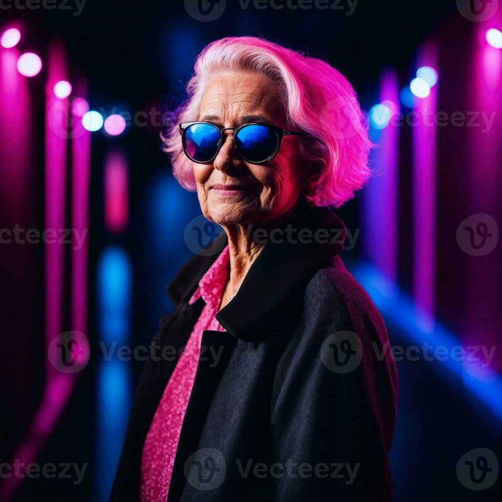 photo of middle aged old woman with with mixed pink and blue neon light, generative AI