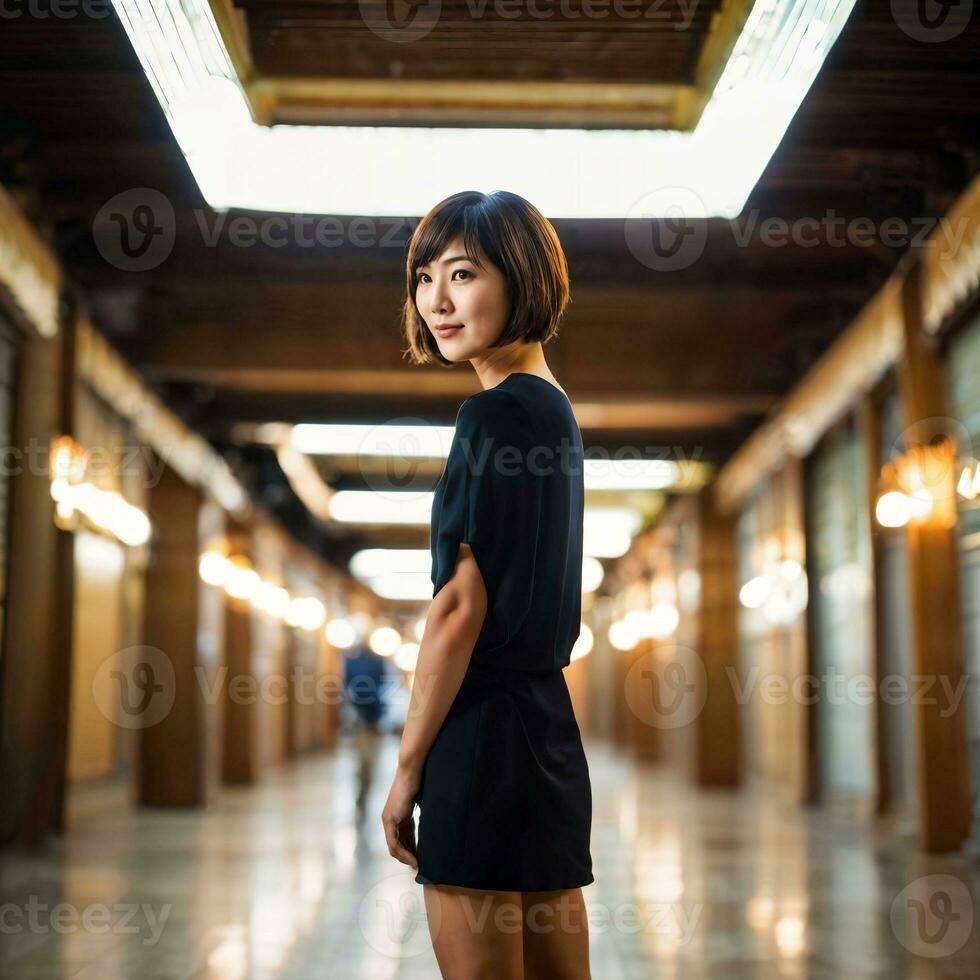 photo of beautiful japanese asian woman with short hair, generative AI