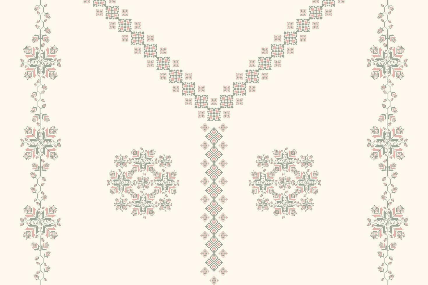 Ethnic neck embroidery floral pattern. Ethnic neckline floral design. Geometric neckline traditional stitch pattern. Embroidery collar shirts fashion. Ethnic woman blouse or cloth with border. vector