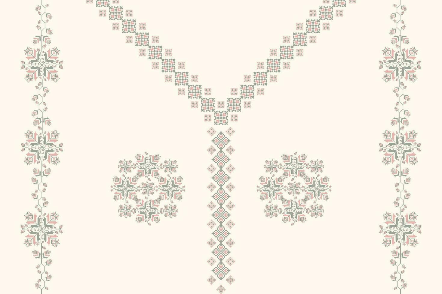 Ethnic neck embroidery floral pattern. Ethnic neckline floral design. Geometric neckline traditional stitch pattern. Embroidery collar shirts fashion. Ethnic woman blouse or cloth with border. vector