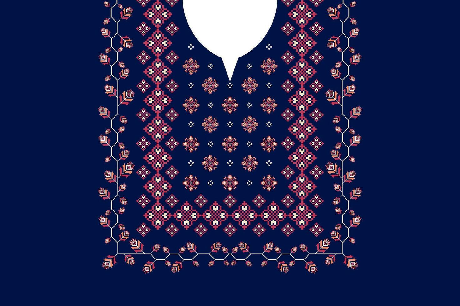 Ethnic neck embroidery floral pattern. Ethnic neckline floral design. Geometric neckline traditional stitch pattern. Embroidery collar shirts fashion. Ethnic woman blouse or clothing fashion. vector