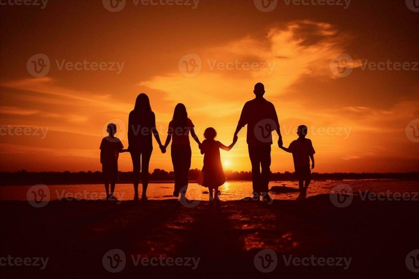 silueta de un contento familia con niños en naturaleza generativo ai foto