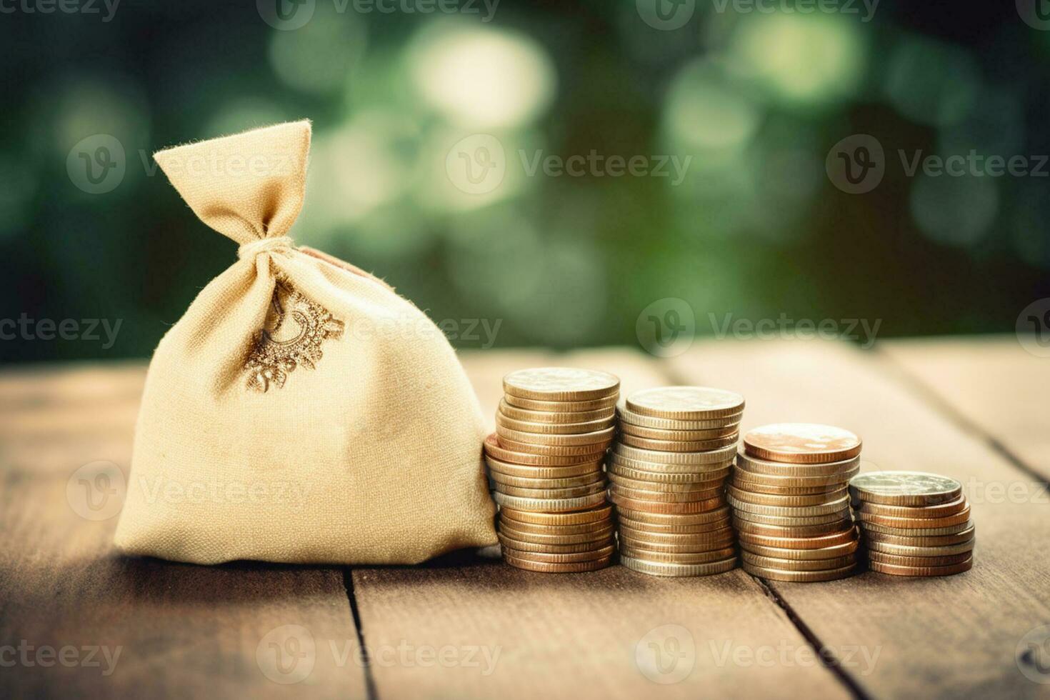 Stack of coins money and a bag on natural green background, Business investment growth and Save money for prepare in future concept,Finance Generative AI photo