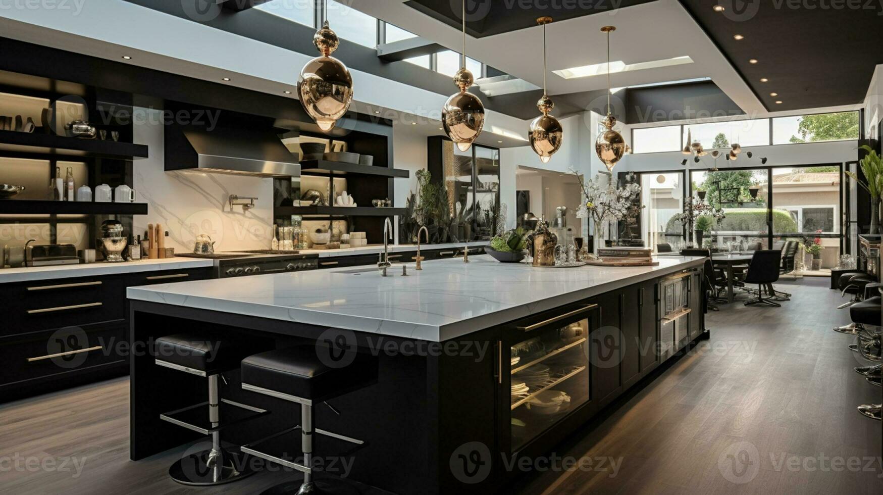 3D illustration of kitchen interior in a modern building big light cooking and dinner area Generative AI photo