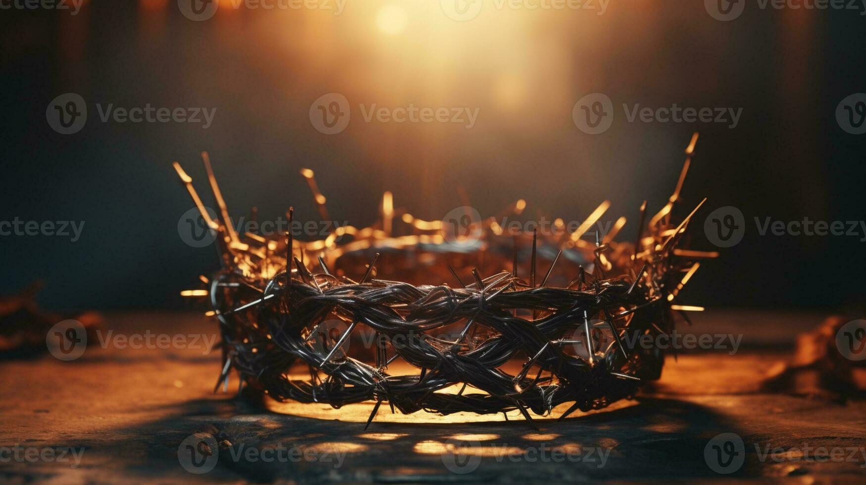 Selective focus crown of thorns of Jesus Christ on wooden background with window light, Vintage tone with copy space Generative AI photo