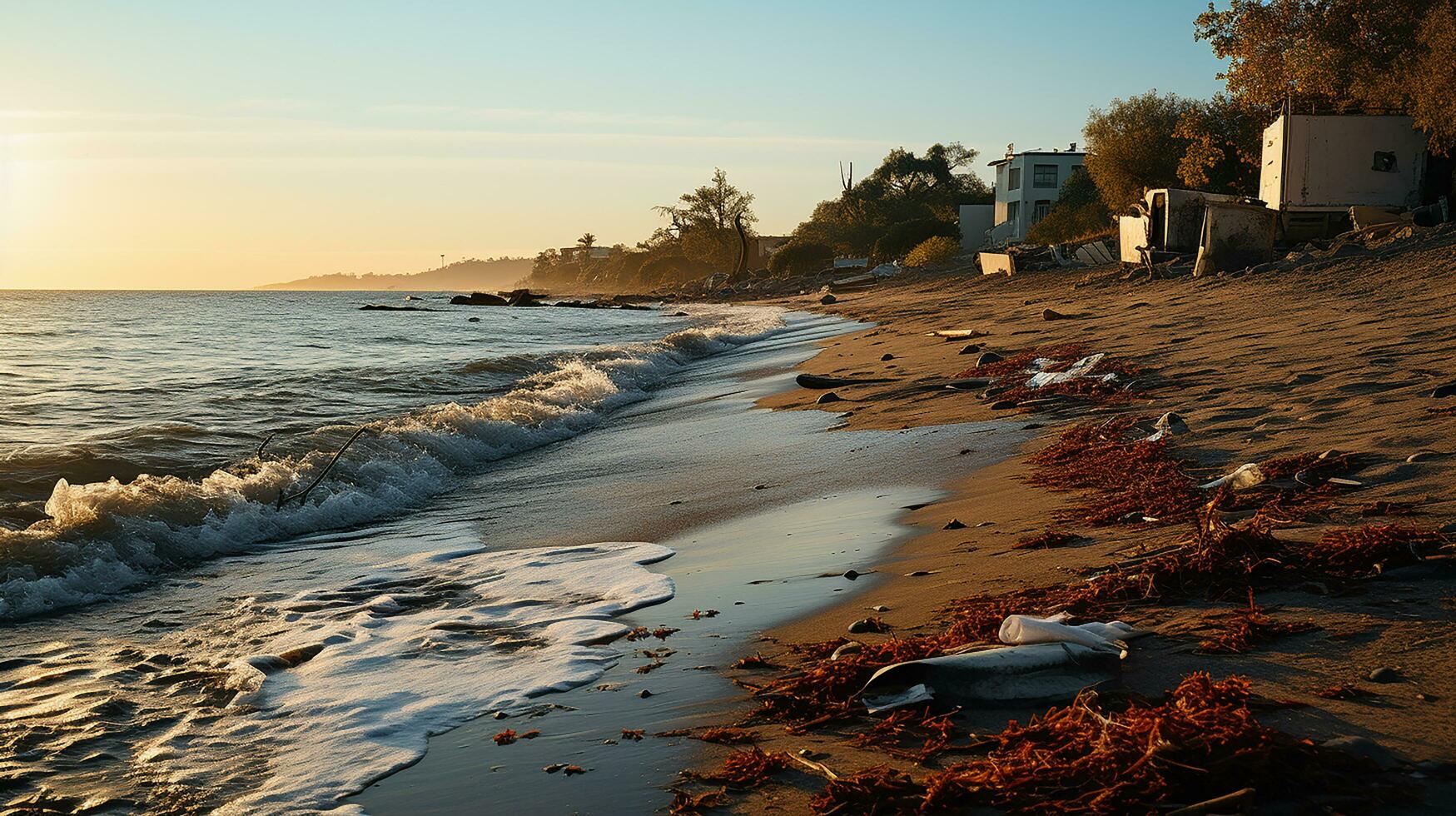 photo-realistic of dirty beach at afternoon with so much garbage AI generated photo