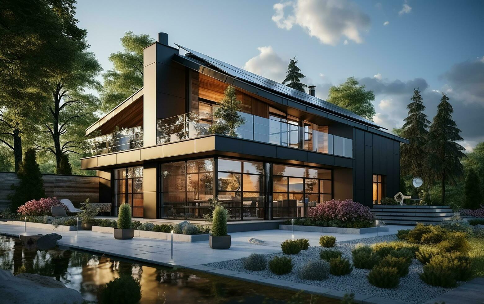 unique industrial architecture house in daylight, photo-realistic AI generative photo