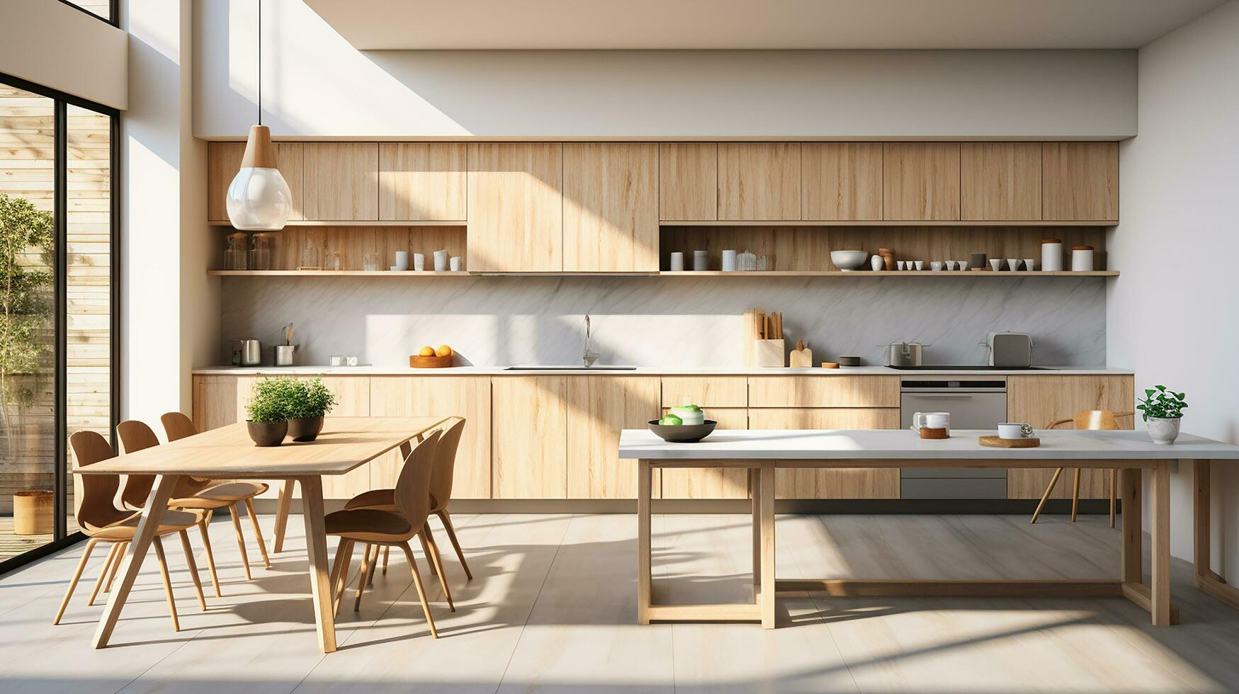 wooden kitchen house in afternoon AI generative photo