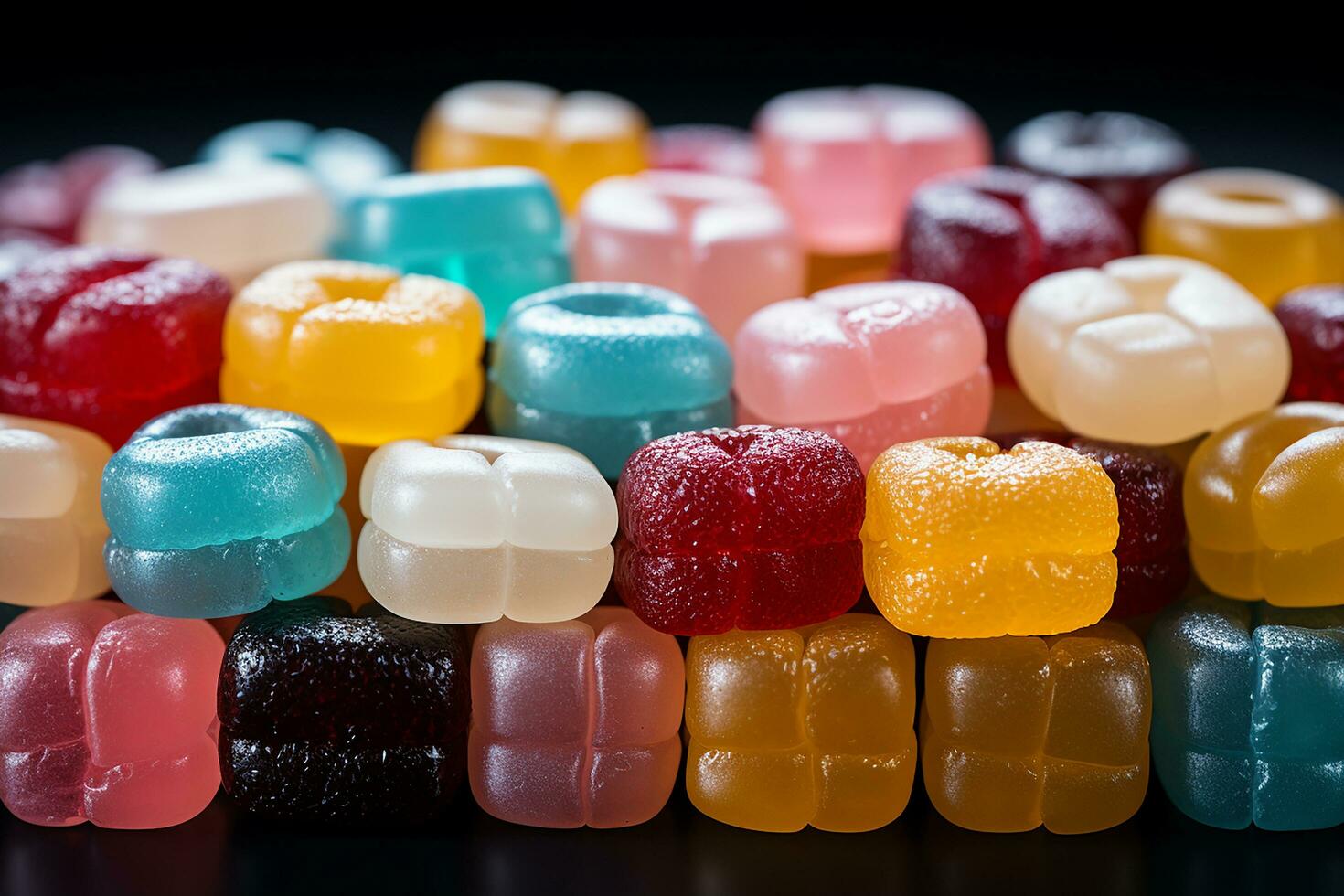 Photo-realistic of colorful candies in aerial view for background made by AI generated photo