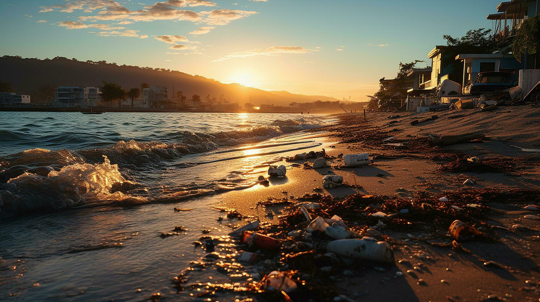 photo-realistic of dirty beach at afternoon with so much garbage AI generated photo