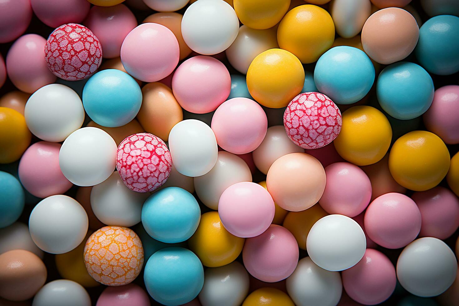 Photo-realistic of colorful candies in aerial view for background made by AI generated photo