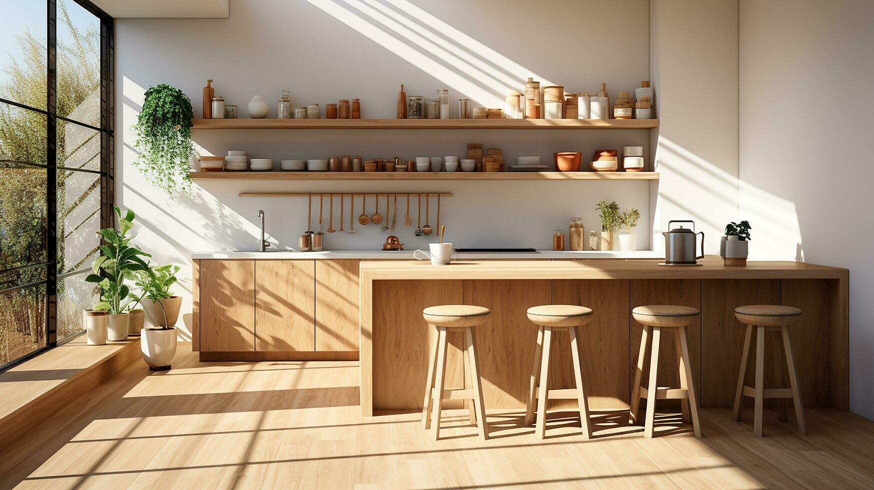 wooden kitchen house in afternoon AI generative photo