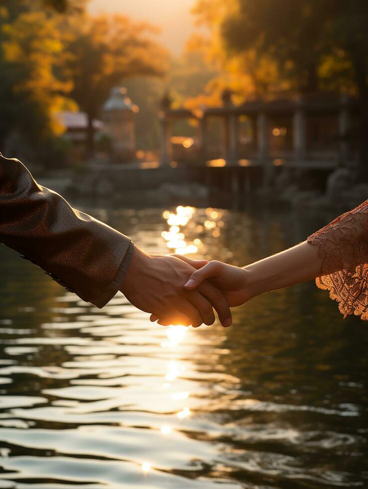 close up woman and man's hand holding to each other with park background AI generative photo