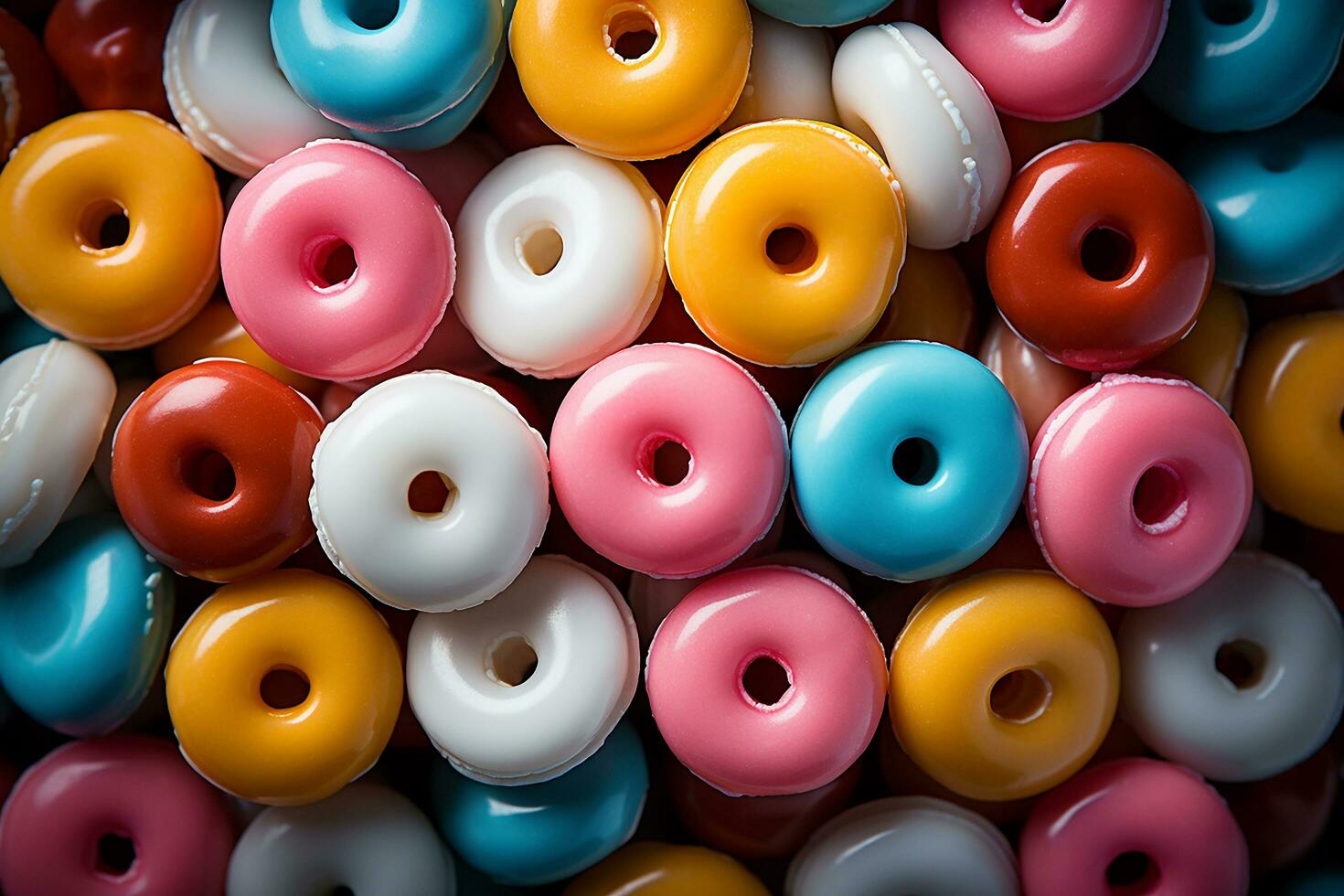 Photo-realistic of colorful candies in aerial view for background made by AI generated photo
