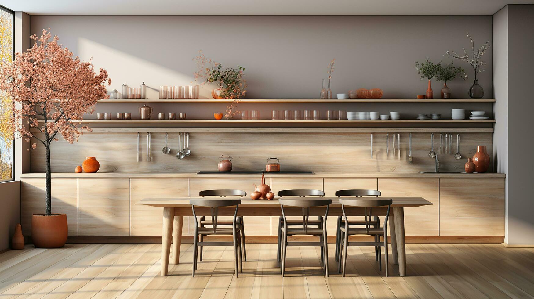 wooden kitchen house in afternoon AI generative photo