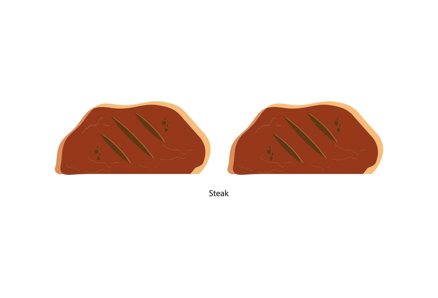 The vector illustration in flat style showcases a variety of dishes, including fried steaks, beef tenderloin, pork knuckle, slices of steak, fresh meat, and uncooked pork chop.