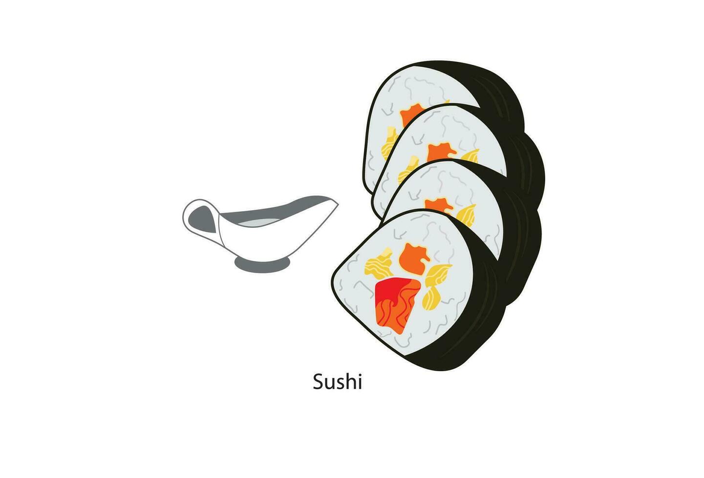 The vector illustration showcases a delectable Japanese food menu item, sushi, featuring a cartoon style isolated plate typically found in a sushi bar or a Japanese restaurant. It's an attractive visu