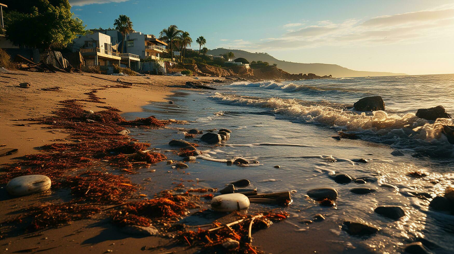 photo-realistic of dirty beach at afternoon with so much garbage AI generated photo
